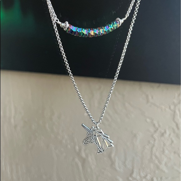 Double layer unicorn rainbow stones stainless steel adjustable choker necklace - Picture 7 of 13